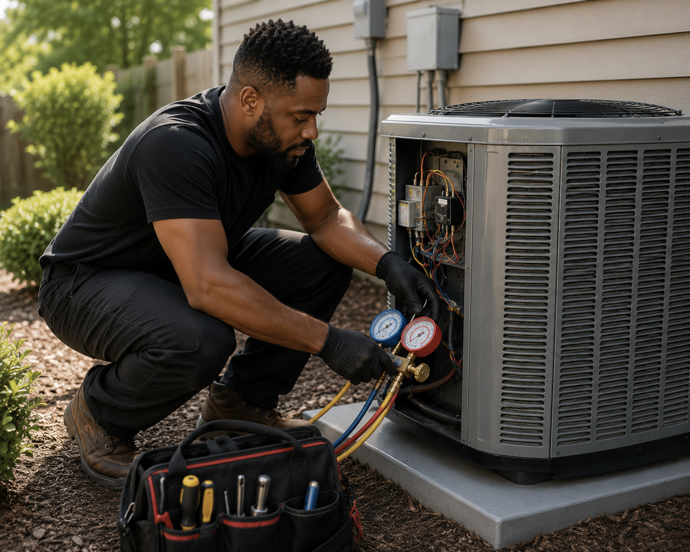 Technician repairing an air conditioning unit outside a house on a sunny day, using tools and gauges.