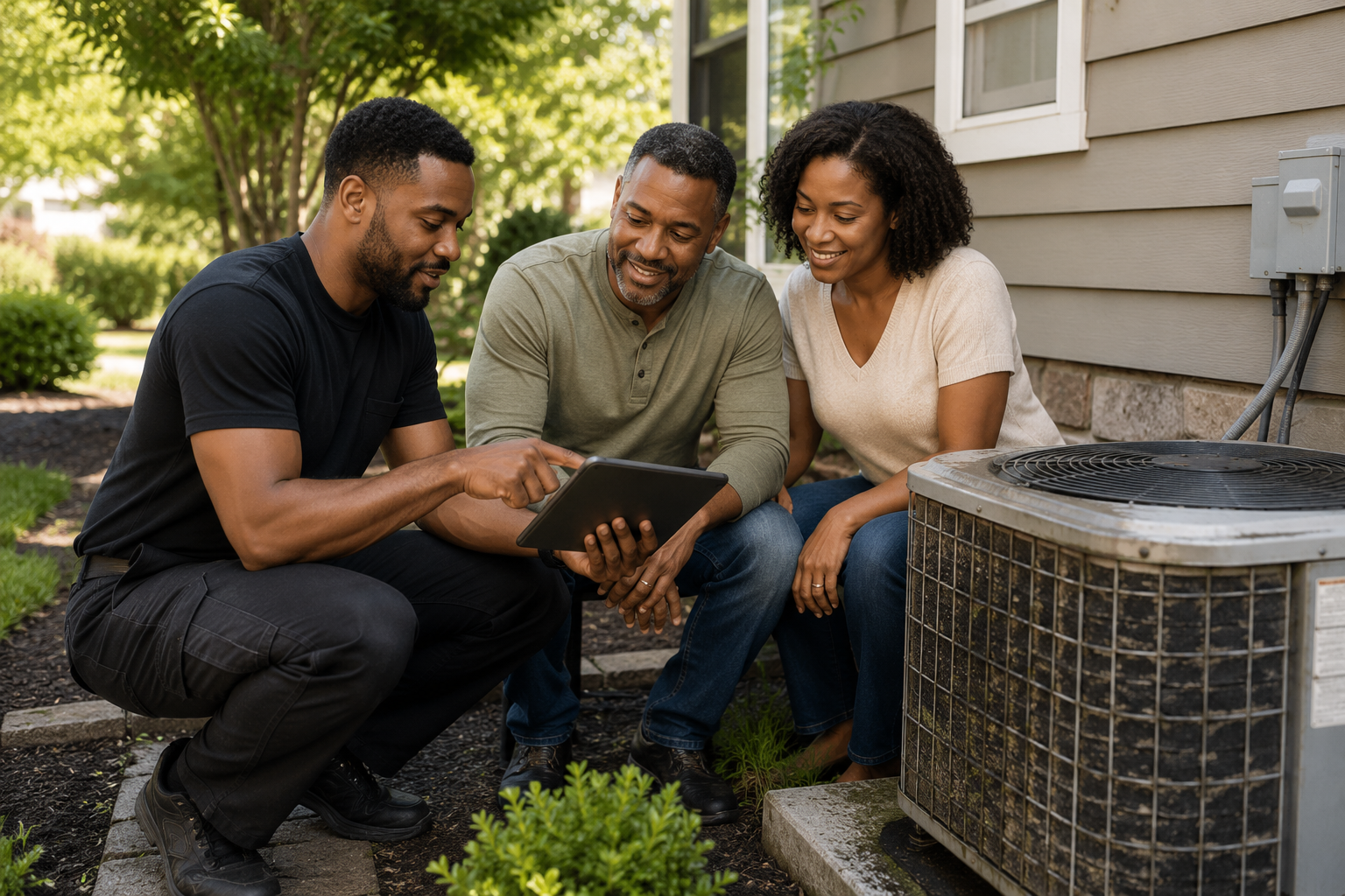 Three adults sitting outside near an air conditioning unit, looking at a tablet and discussing.