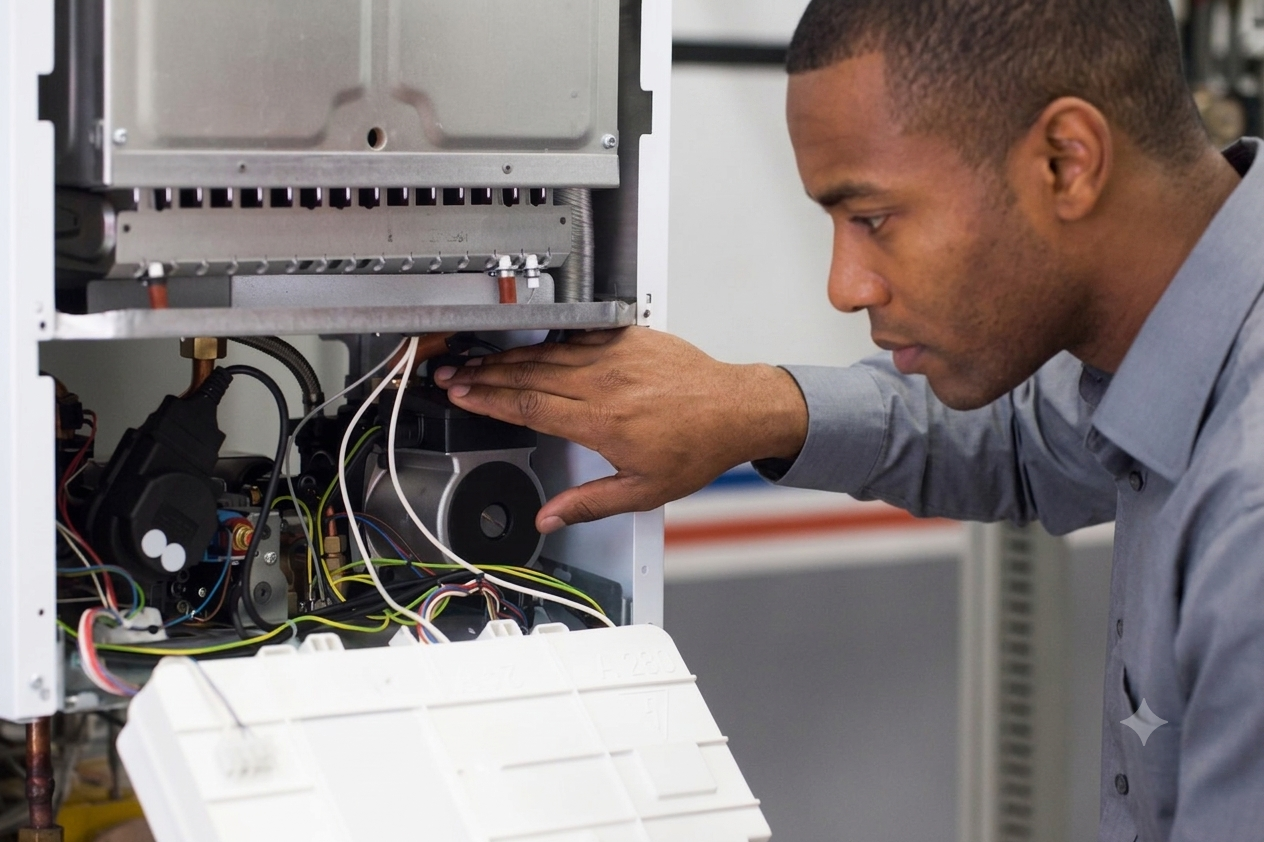 A man inspecting and repairing the internal components of a mechanical or electronic device in a workshop or repair shop.