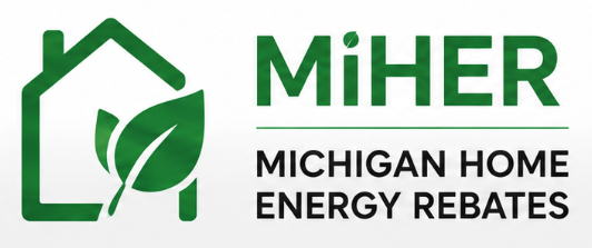 Logo for Michigan Home Energy Rebates by MiHEER, featuring a house with a leaf inside.