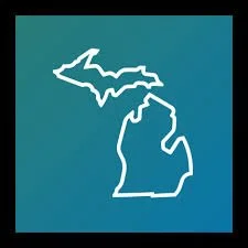 Outline map of Michigan with a bat silhouette above it.