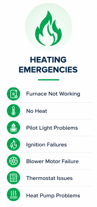 Image displaying heating emergencies such as furnace not working, no heat, pilot light problems, ignition failures, blower motor failure, thermostat issues, and heat pump problems, with icons for each issue.