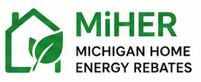 Logo for MiHER Michigan Home Energy Rebates, featuring a green house with a leaf and the company name.