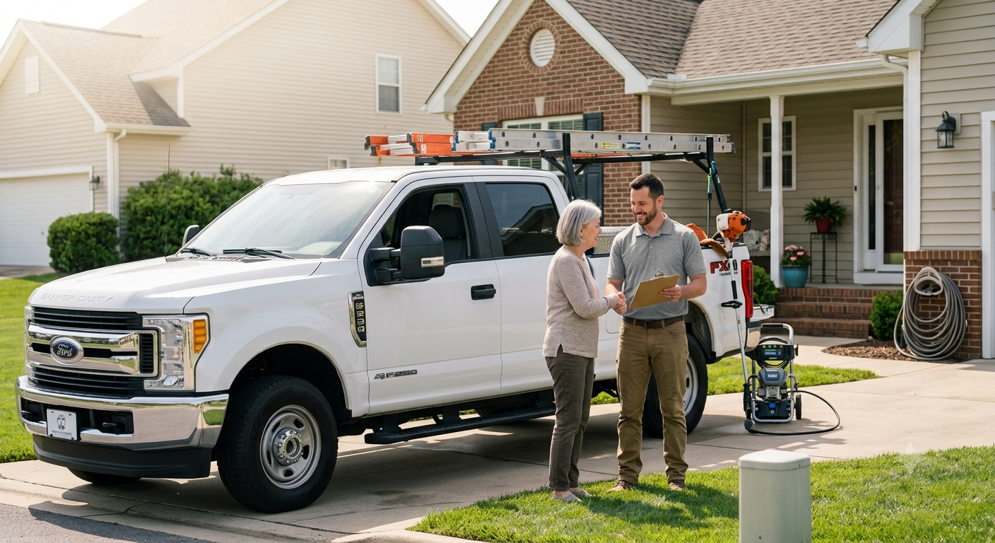A woman and a man shaking hands in front of a white pickup truck parked in a driveway. The truck has a ladder on top and cleaning equipment nearby, indicating work at a residential home.