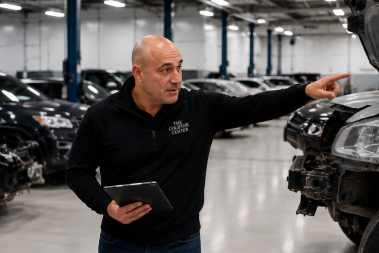 A man in a black jacket pointing at a car in a large indoor automotive workshop.