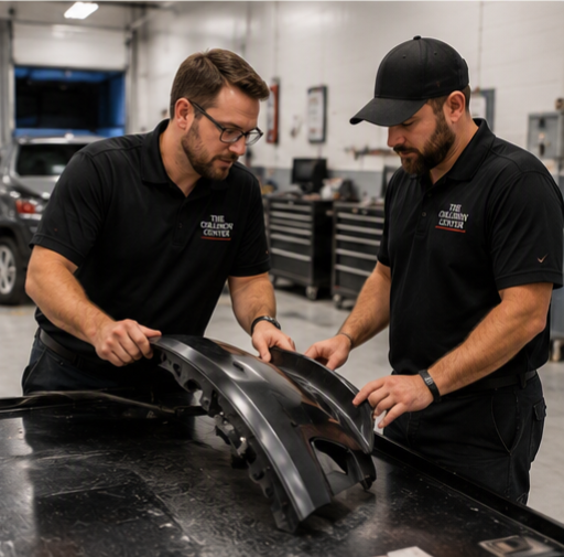 Two men in black shirts working on a car part in an automotive repair shop.