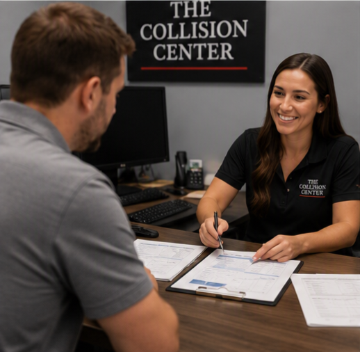 A woman smiling and talking with a man during a meeting at The Collision Center reception desk, with documents and a computer on the desk.