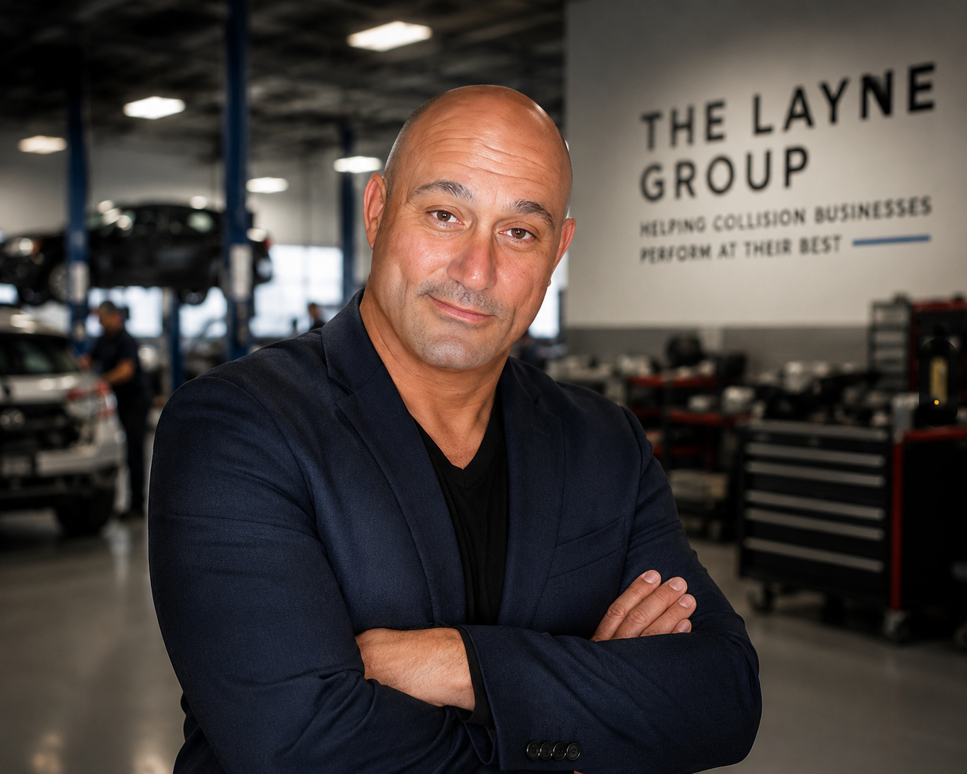 A confident man with crossed arms in a car repair shop, with cars and mechanics working in the background, and a sign reading 'The Layne Group Helping Collision Businesses Grow at Their Best' on the wall.