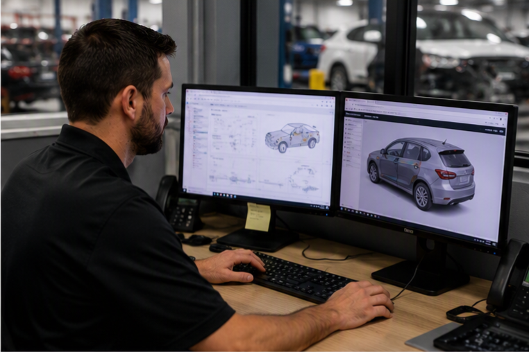 Man working at a desk with two computer monitors displaying car design and 3D model images in an office with a car dealership background.