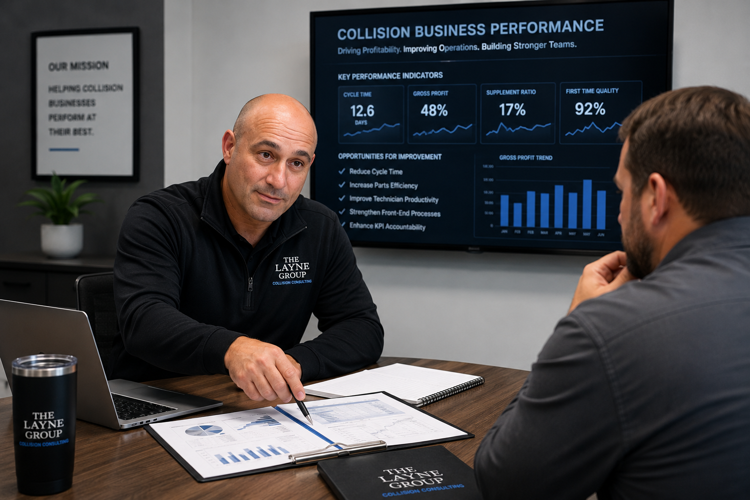 Two men having a business meeting at a conference table. One man, wearing a black jacket with "The Layne Group Collision Consulting" logo, is pointing at documents with charts. The other man, with glasses and a beard, is listening. There is a large screen behind them displaying a presentation titled "Collision Business Performance" with graphs and statistics, and a framed quote on the wall: "Our mission helping collision businesses perform at their best."