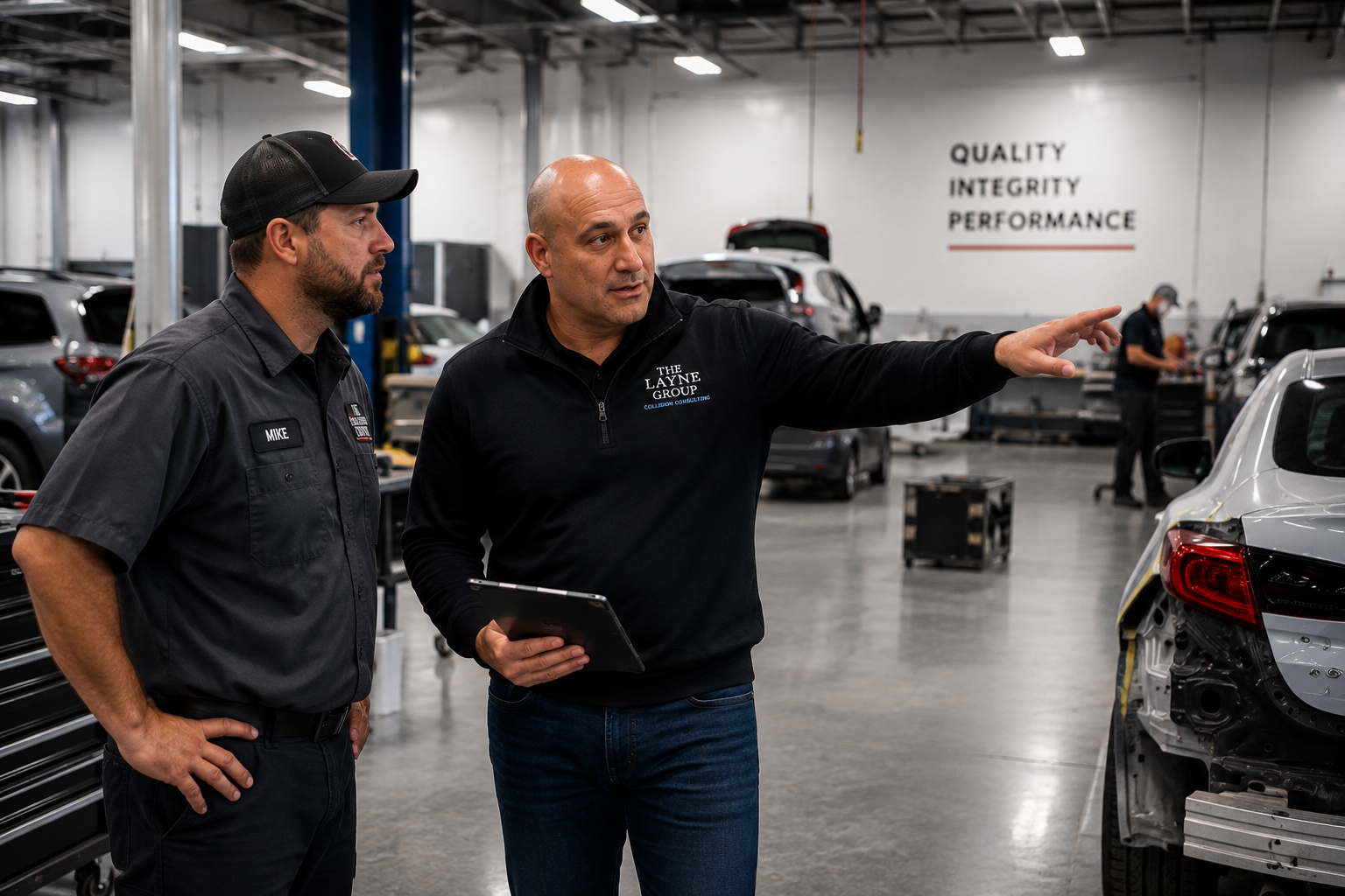 Two men in an auto repair shop inspecting a car, with one gesturing towards the vehicle. The shop has cars in the background and a wall with the words 'Quality, Integrity, Performance'.