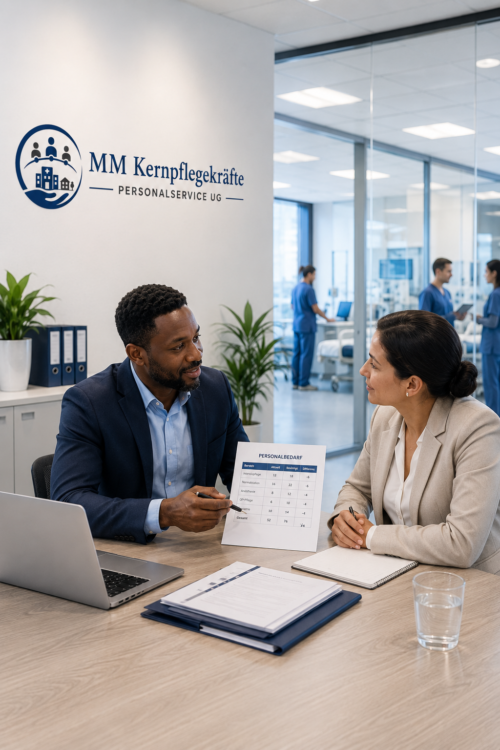 Two professionals are having a discussion at a desk in a modern medical office. One man and one woman sit across from each other, with a presentation of personnel needs sheet between them. In the background, medical staff are working behind a glass wall. The office has a sign with the text "MM Kernpflegekräfte Personalsservice UG" and is decorated with plants and office supplies.
