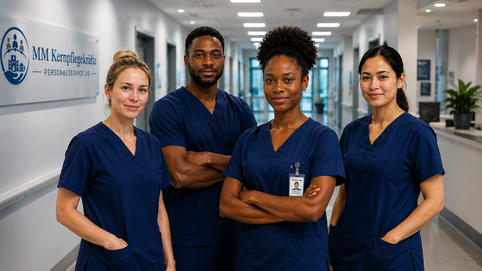 Group of four diverse nurses in blue scrubs standing confidently in hospital corridor.