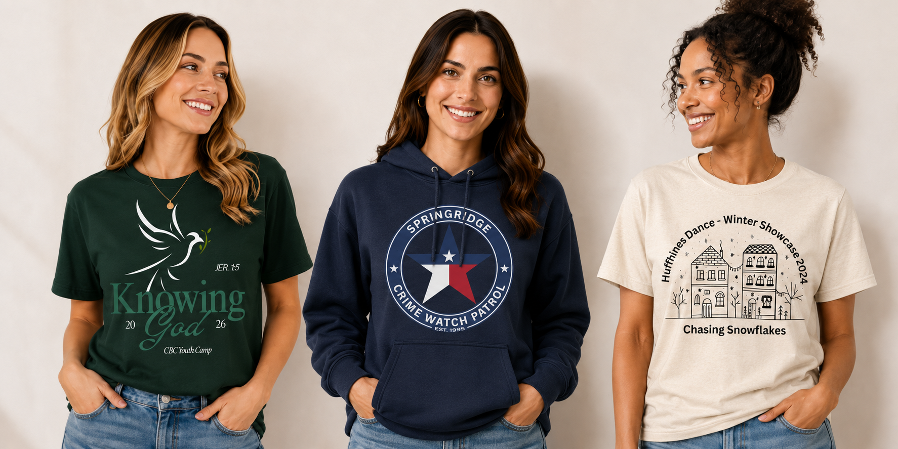 Examples of custom apparel with printed graphics on shirts and outerwear.