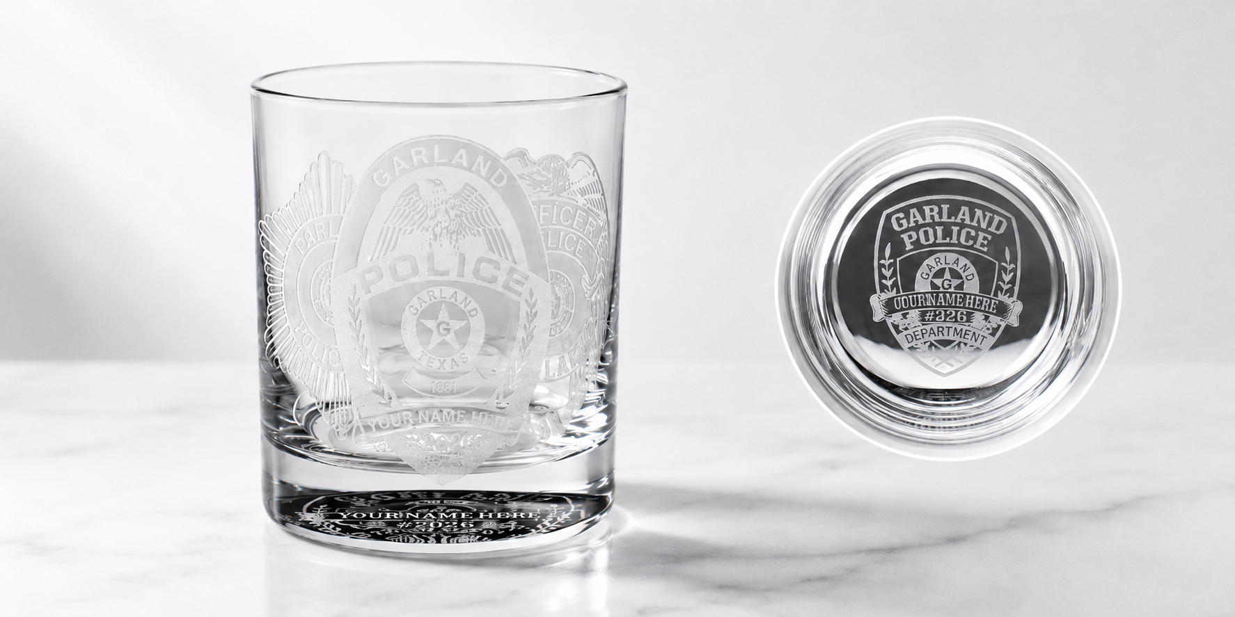Personalized clear glass with laser-etched Garland Tri-Badge logo and Garland Police Badge reverse-etched in the glass base.