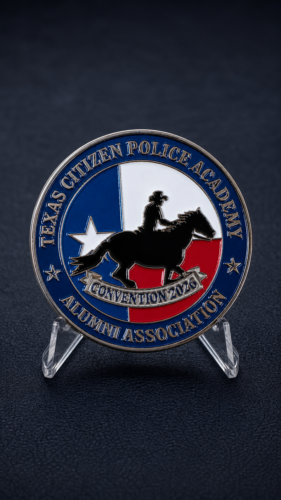 Medal for the Texas Citizen Police Academy Alumni Association, commemorating the 2020 convention, featuring a cowboy riding a horse with the Texas flag background.