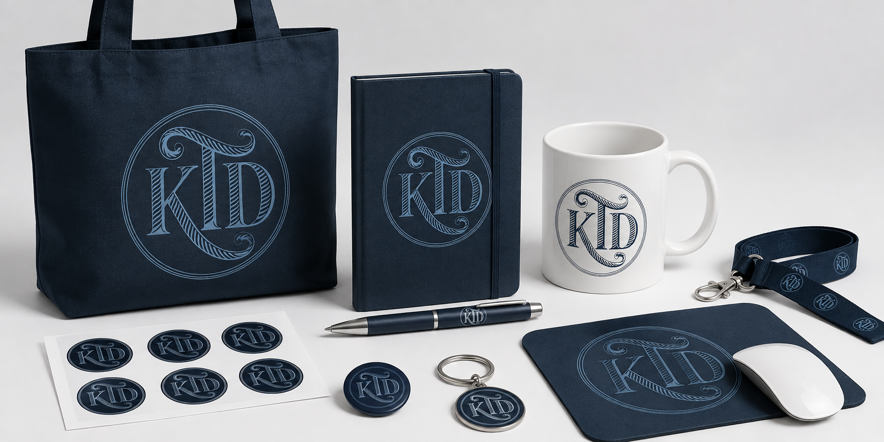 Collection of navy blue and white merchandise featuring a circular logo with the letters "KID" in elegant script, including a tote bag, notebook, mug, lanyard, stickers, keychain, and mouse pad.
