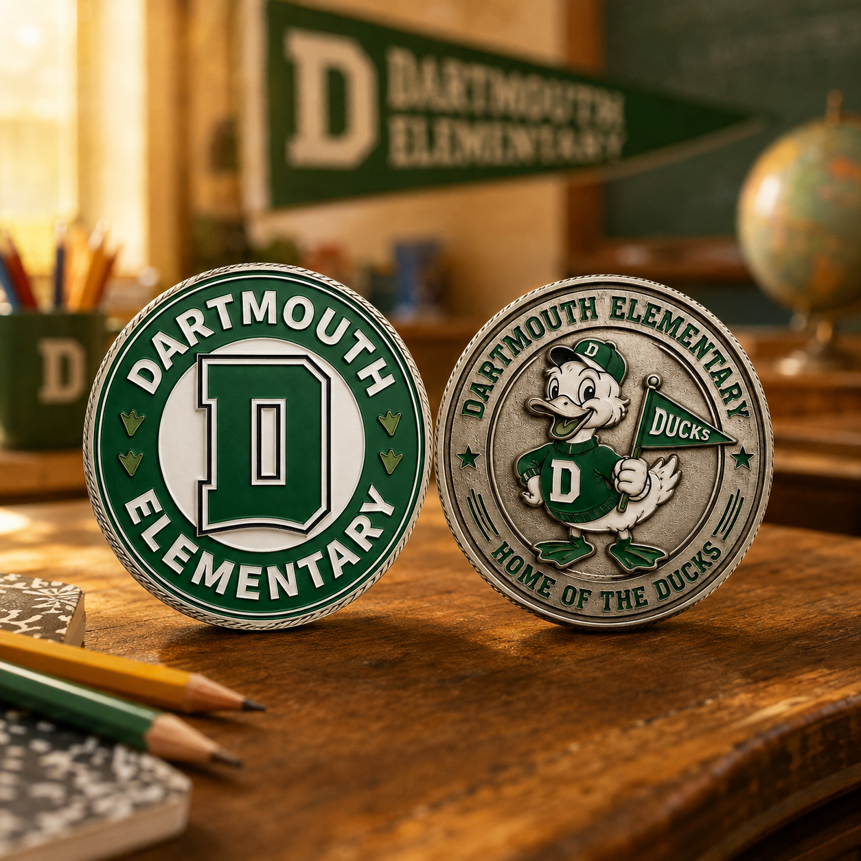 Commemorative school challenge coin featuring custom branding on both sides.