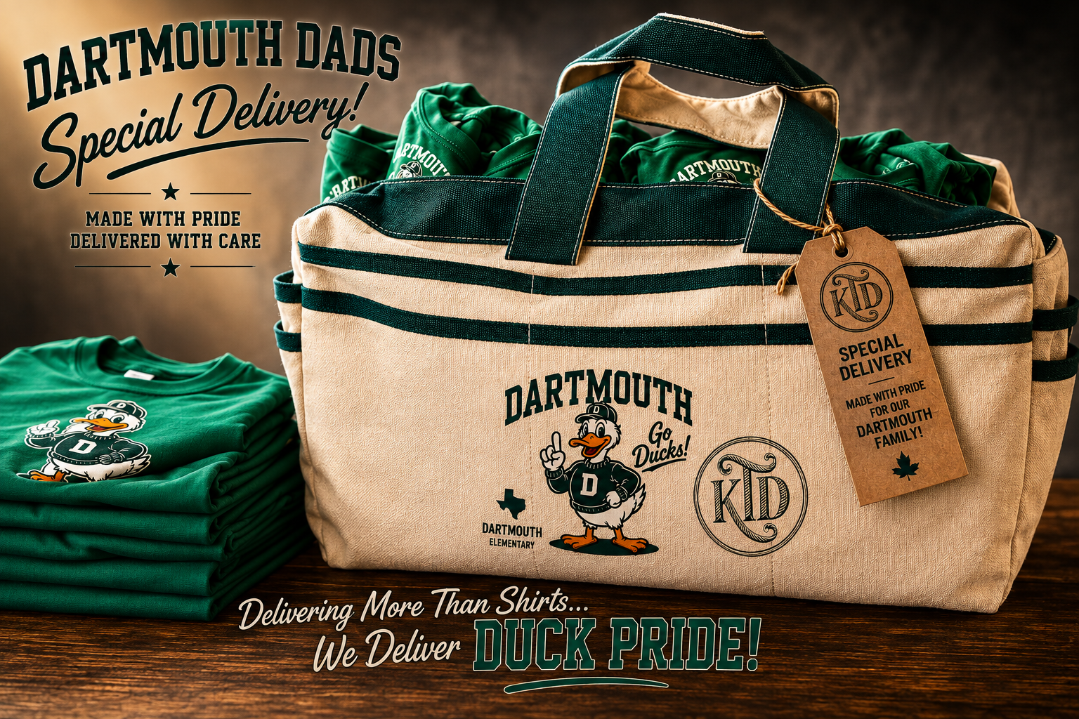 School spiritwear and custom apparel presented in branded delivery packaging.