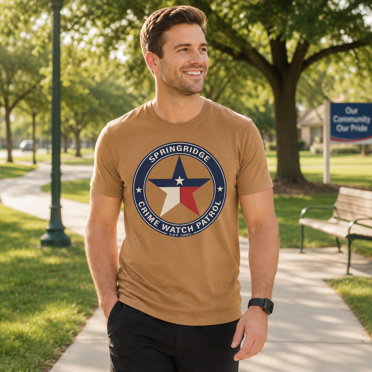 Custom crime watch patrol T-shirt with a large community safety graphic.