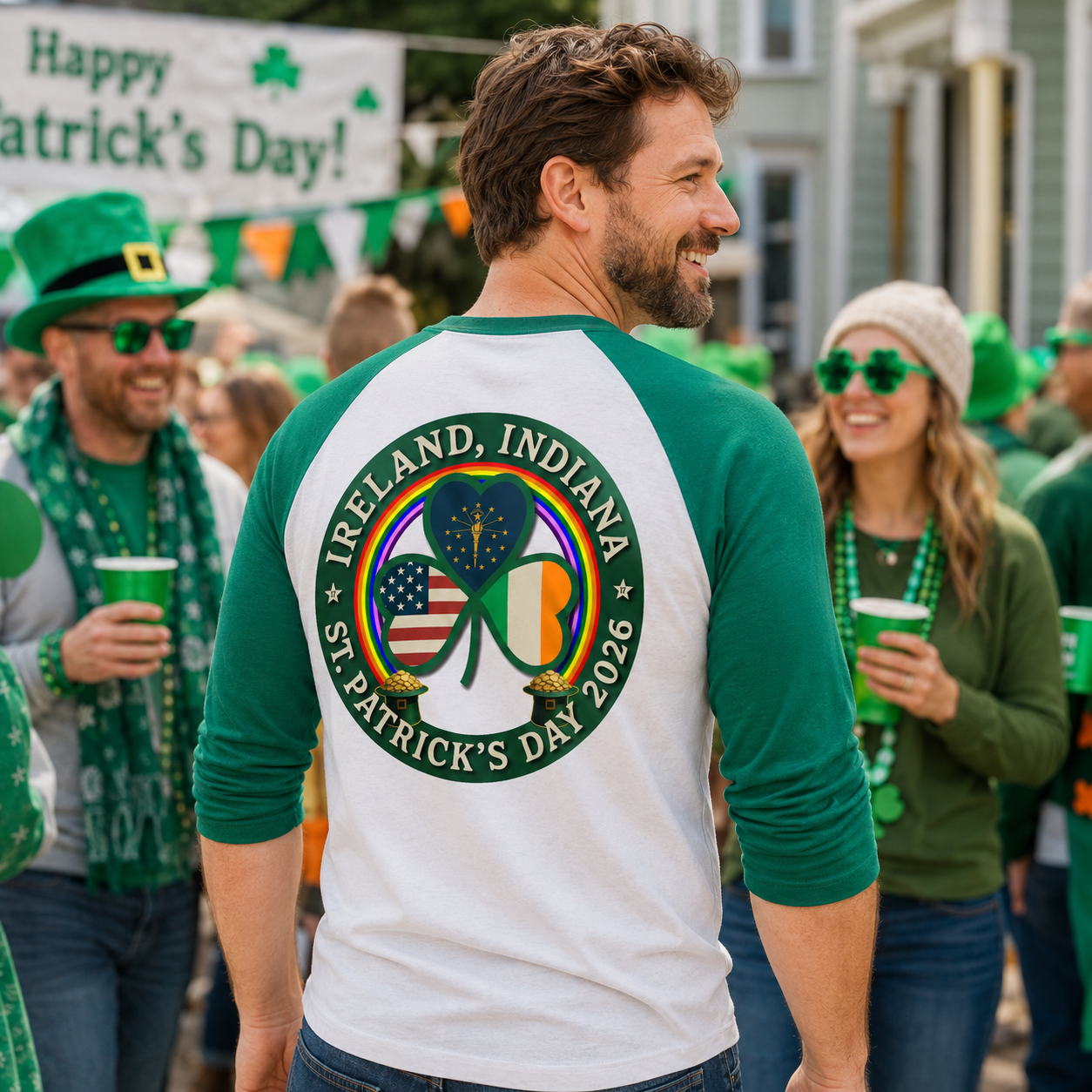 Custom St. Patrick’s Day raglan shirt featuring a large colorful back design.