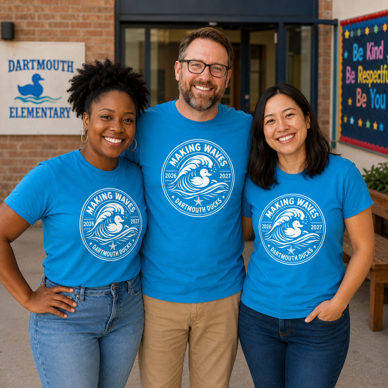 School staff wearing matching custom spiritwear T-shirts with coordinated front graphics.