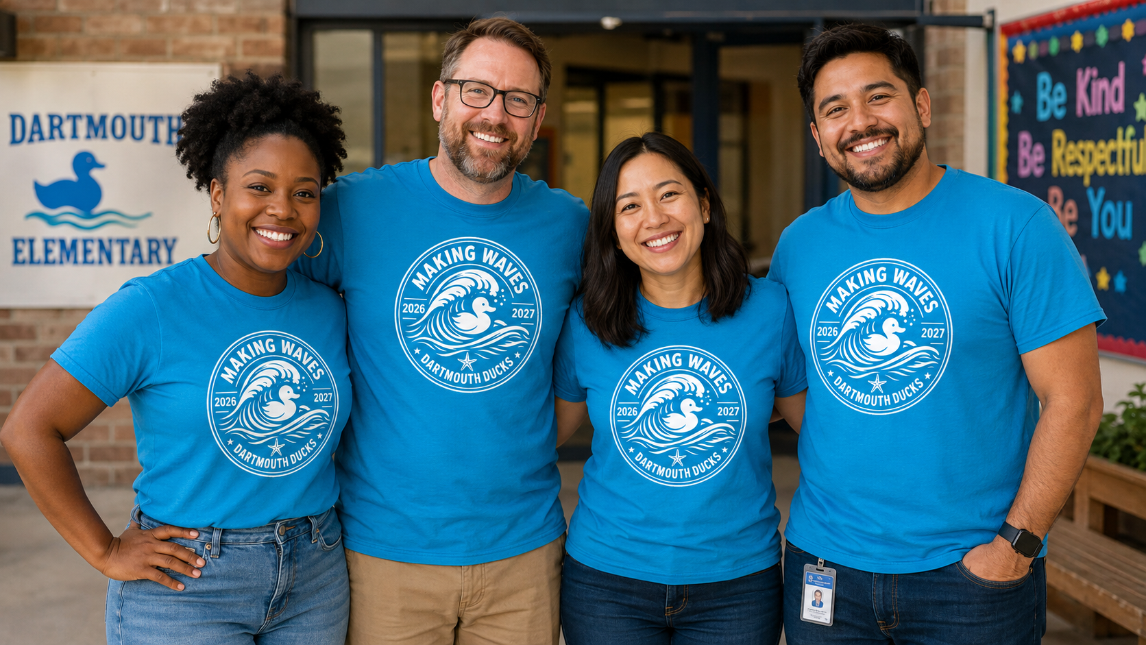 School staff wearing matching custom printed T-shirts.
