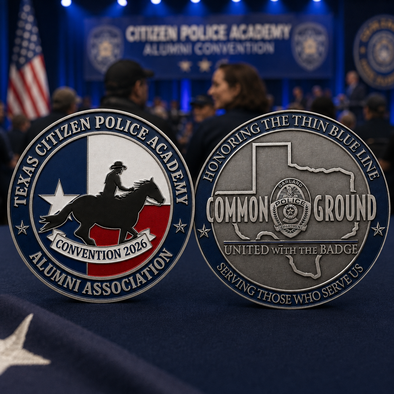 Custom two-sided challenge coin uniting the Texas Citizen Police Academy Alumni Convention, Garland Police Department, and Garland Citizens Police Academy Alumni Association.