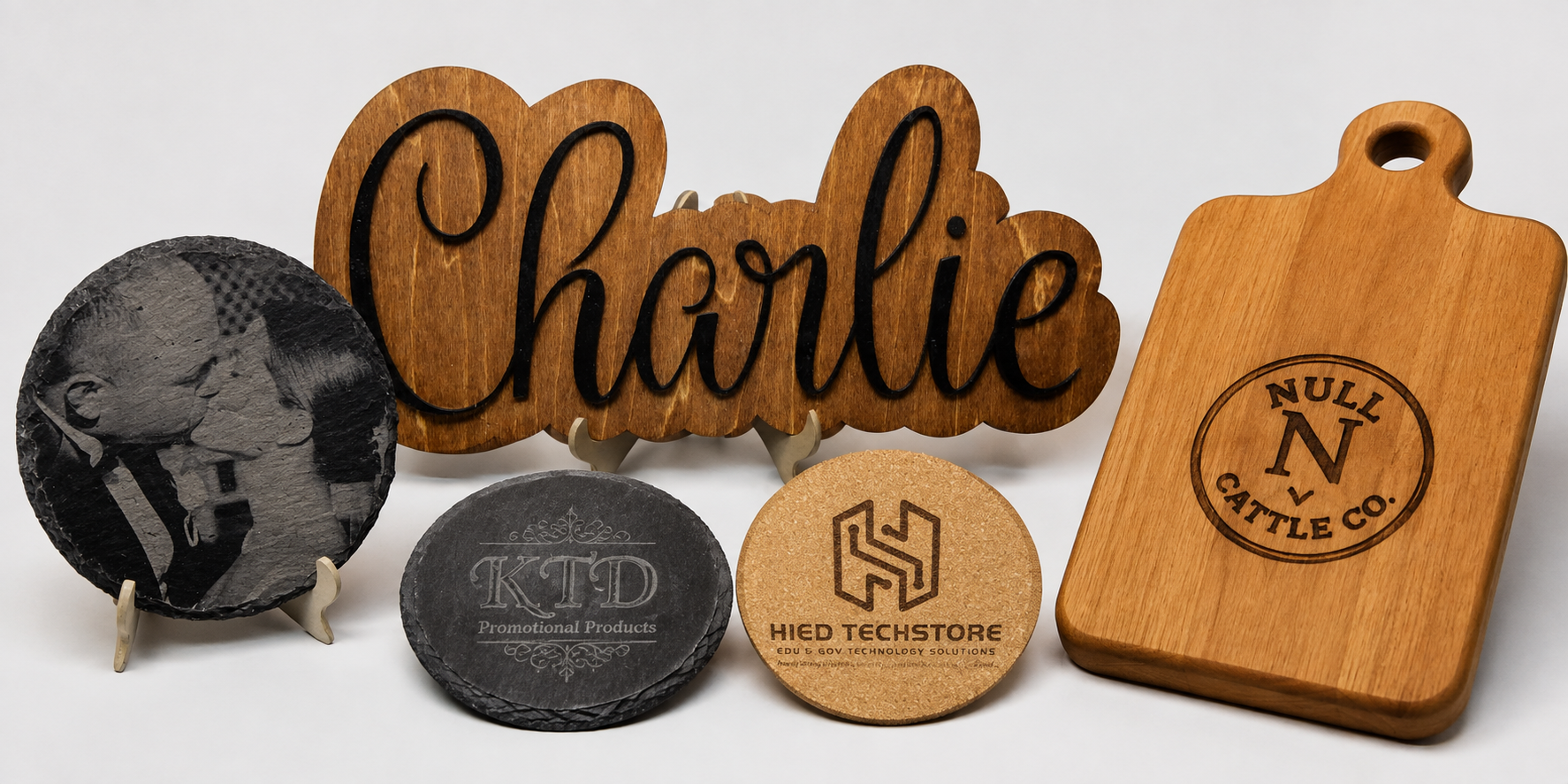 Custom personalized gifts featuring engraved signs, coasters, and cutting boards.