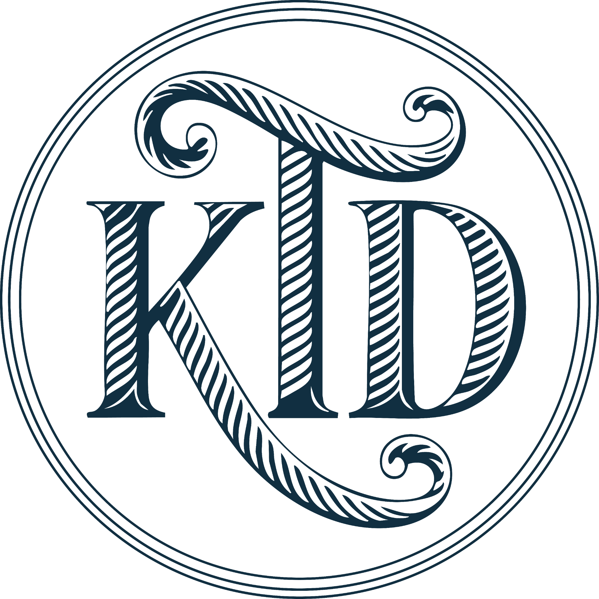 A decorative logo with a dark blue stylized letter 'Q' enclosed in concentric circles, featuring intricate line patterns.