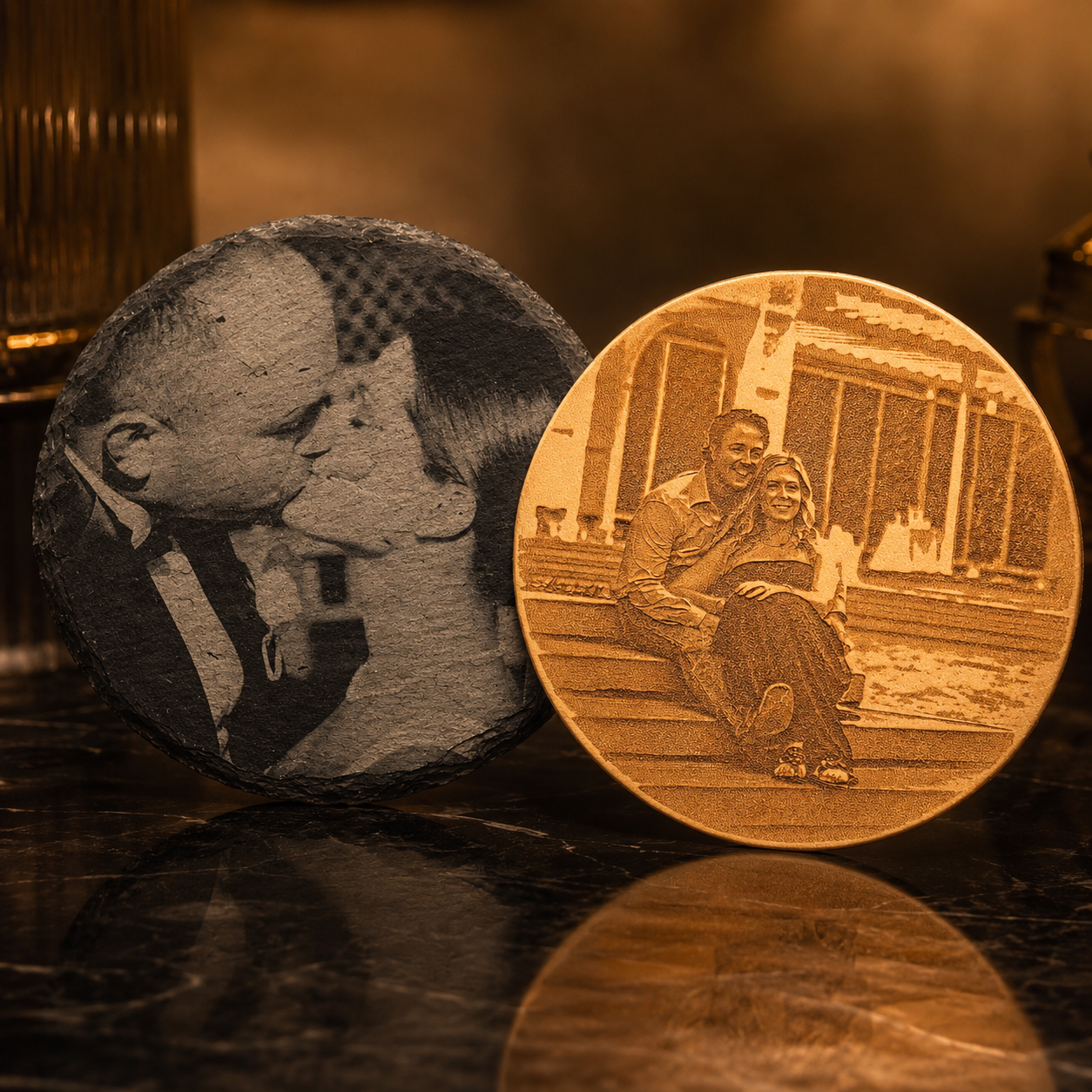 Custom photo-engraved keepsakes created on natural wood and dark stone.