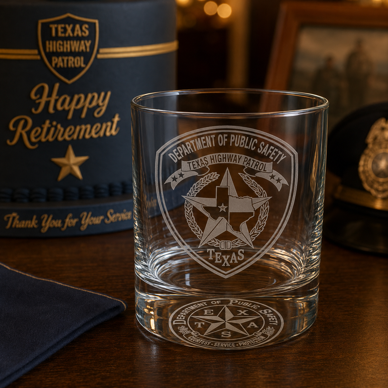 Custom engraved whiskey glass featuring Texas Highway Patrol and Department of Public Safety insignia & DPS logo in the glass base.