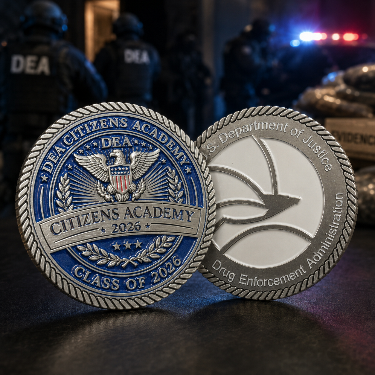 Custom law-enforcement challenge coins created for a citizens academy and federal agency.
