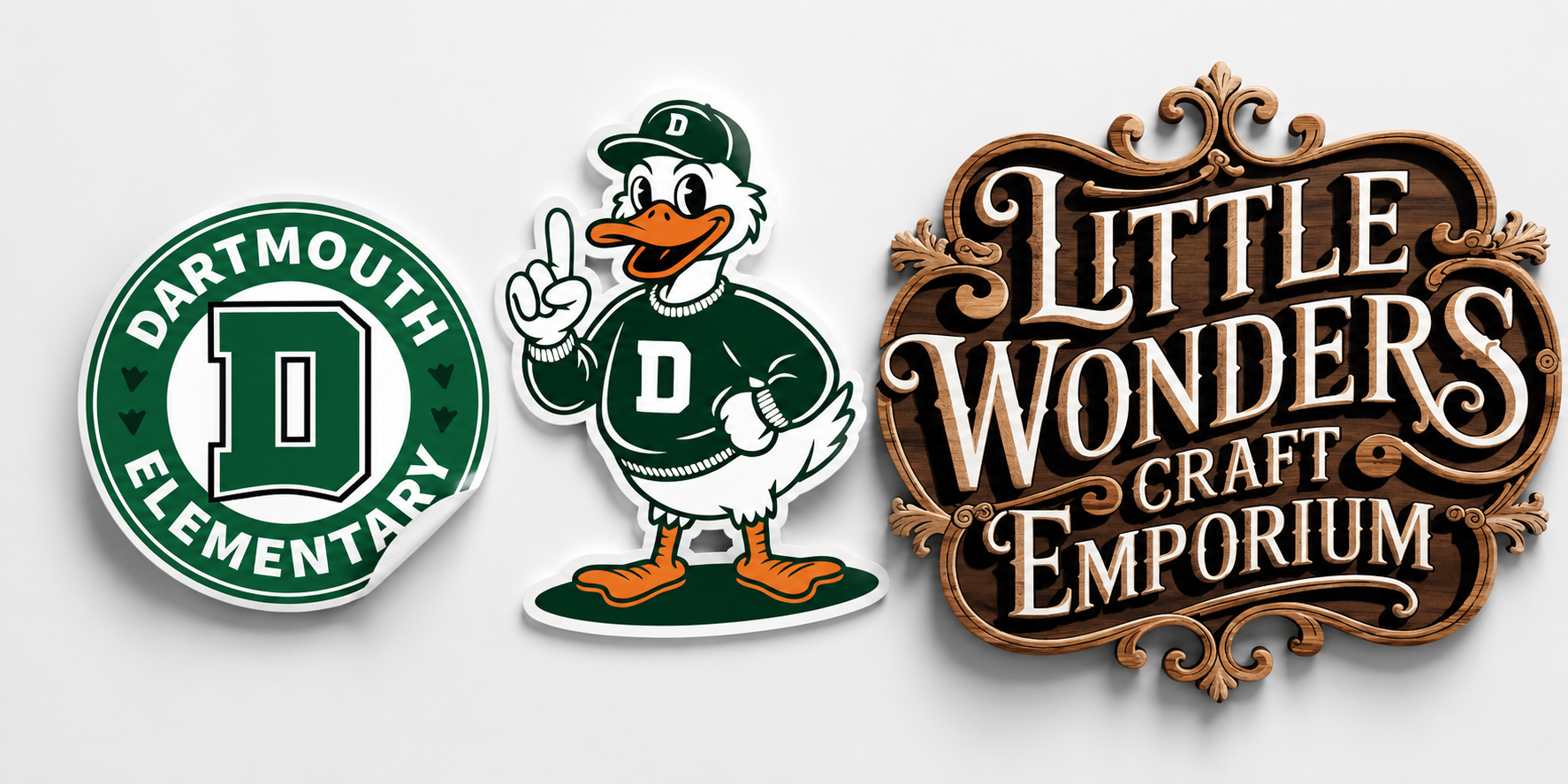 Selection of custom signs, decals, labels, and branded graphics.