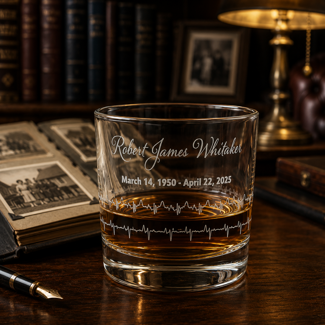 Personalized memorial whiskey glass engraved with a name, dates, and heartbeat design.
