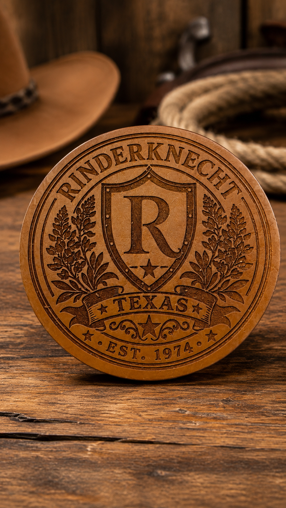 A leather badge with the text "Rinderknecht," "Texas," and "EST. 1974," featuring decorative stars and laurel branches, placed on a rustic wooden surface.