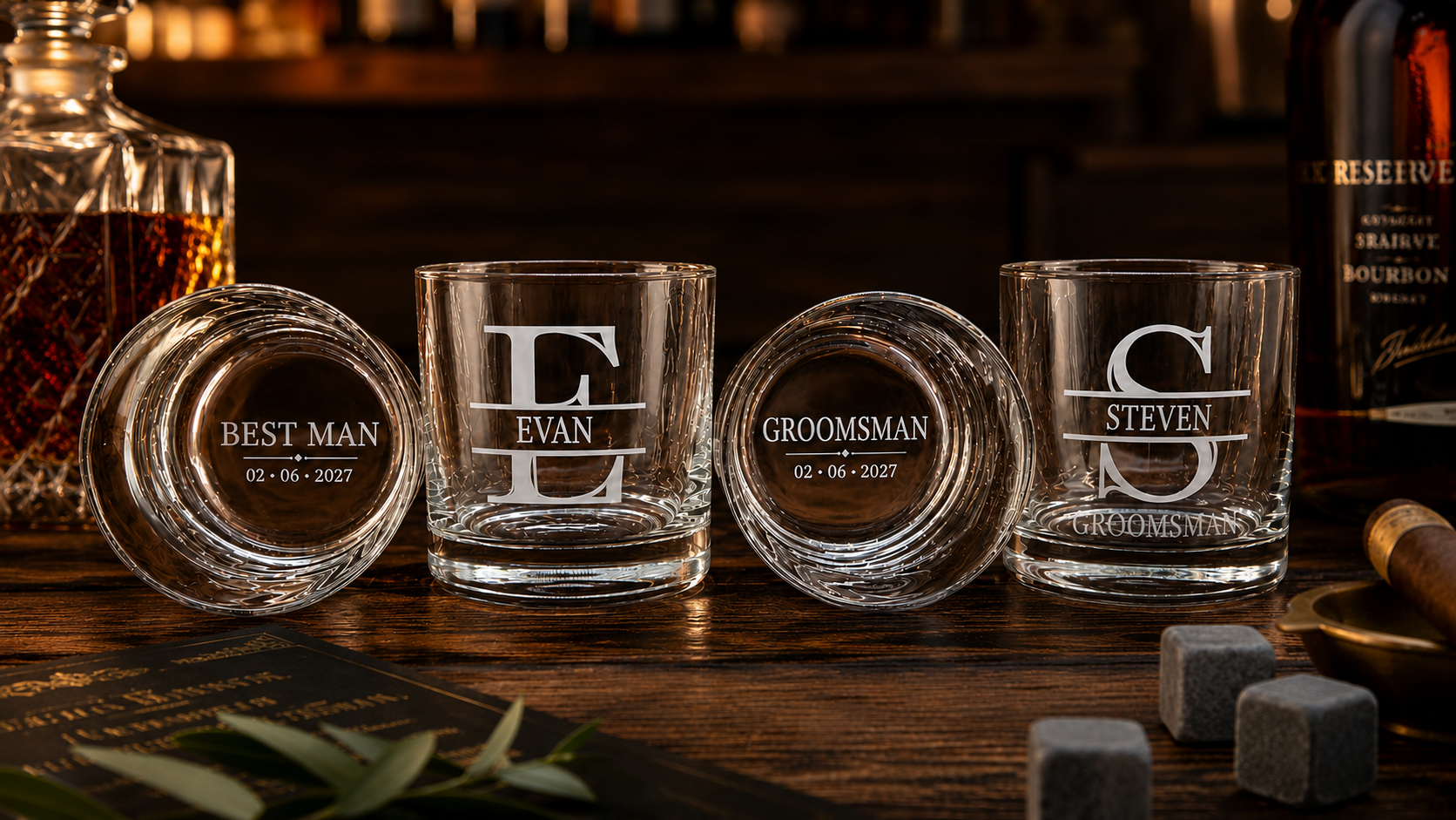 Set of personalized whiskey glasses with engraved text for a groom and groomsman, displayed on a wooden bar with bottles of whiskey in the background.