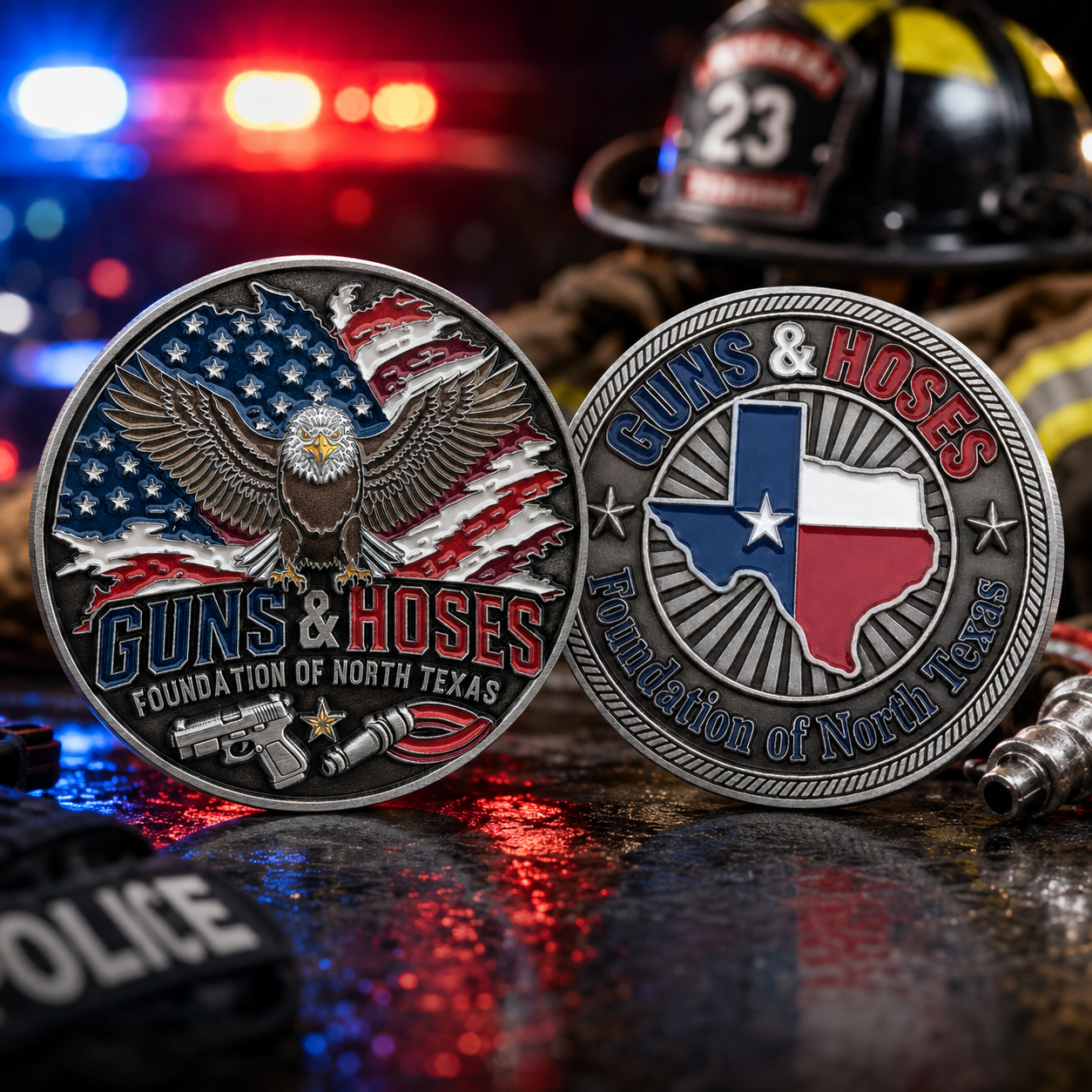 Two-sided custom challenge coin combining 3D relief, soft enamel, and UV-printed detail for a police and fire organization.