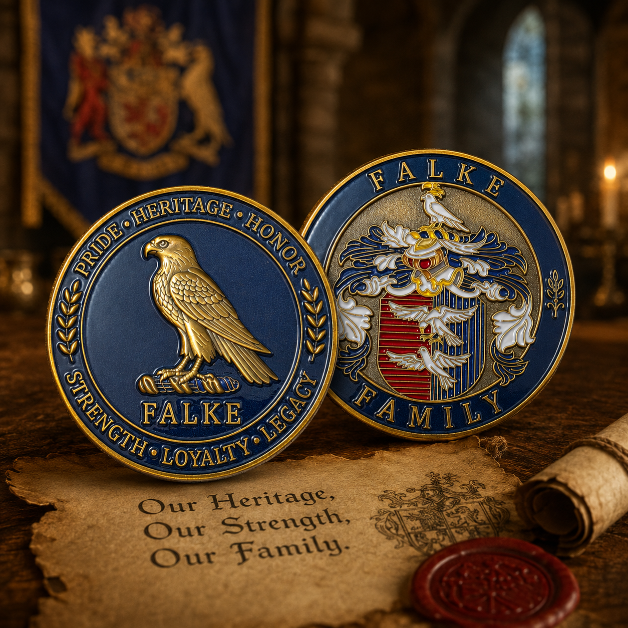 Custom commemorative challenge coin designed with a falcon emblem and family crest.