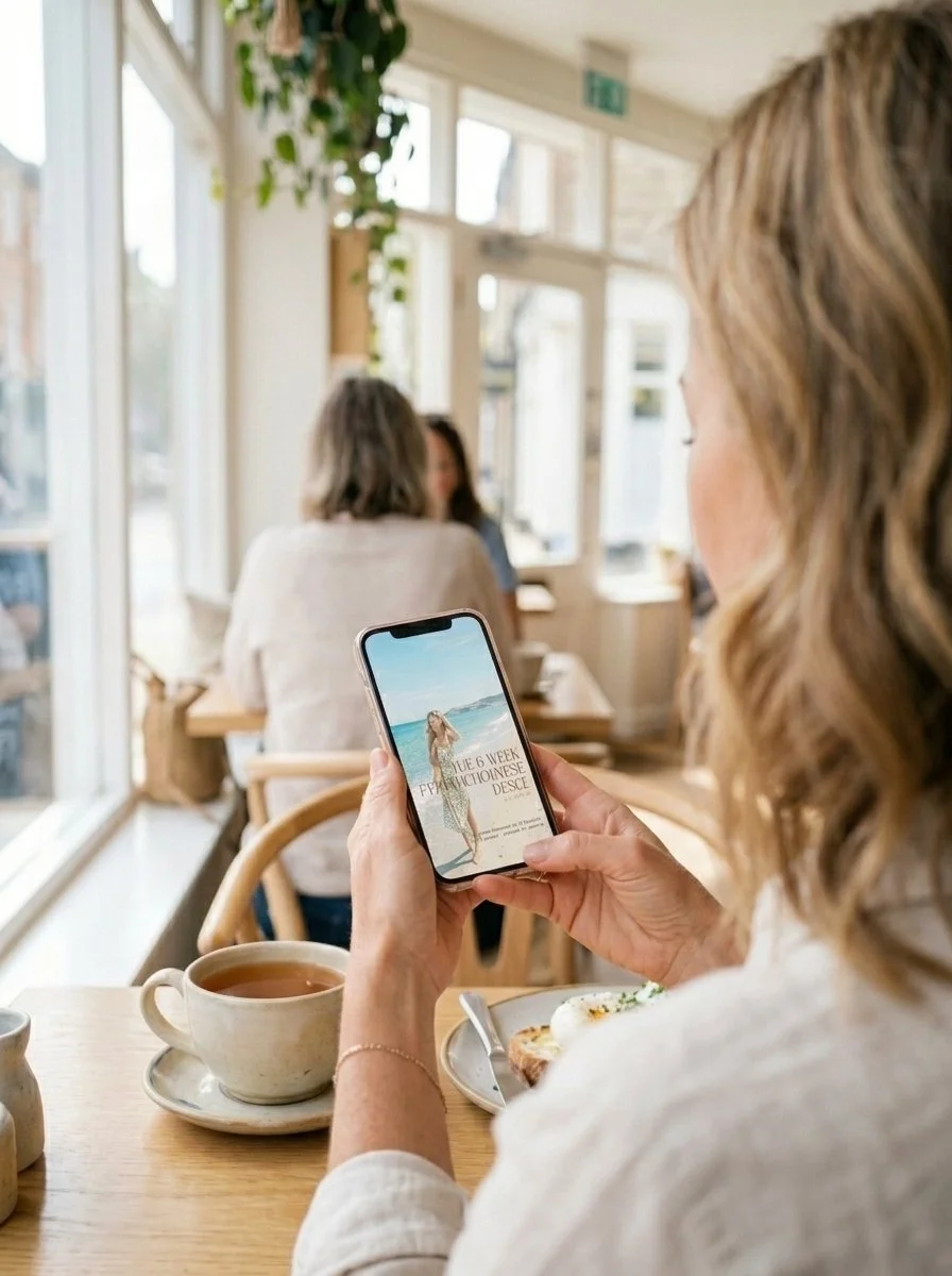 A woman sitting in a cafe holding a smartphone with a beach photo on the screen, with a cup of tea or coffee on the table.