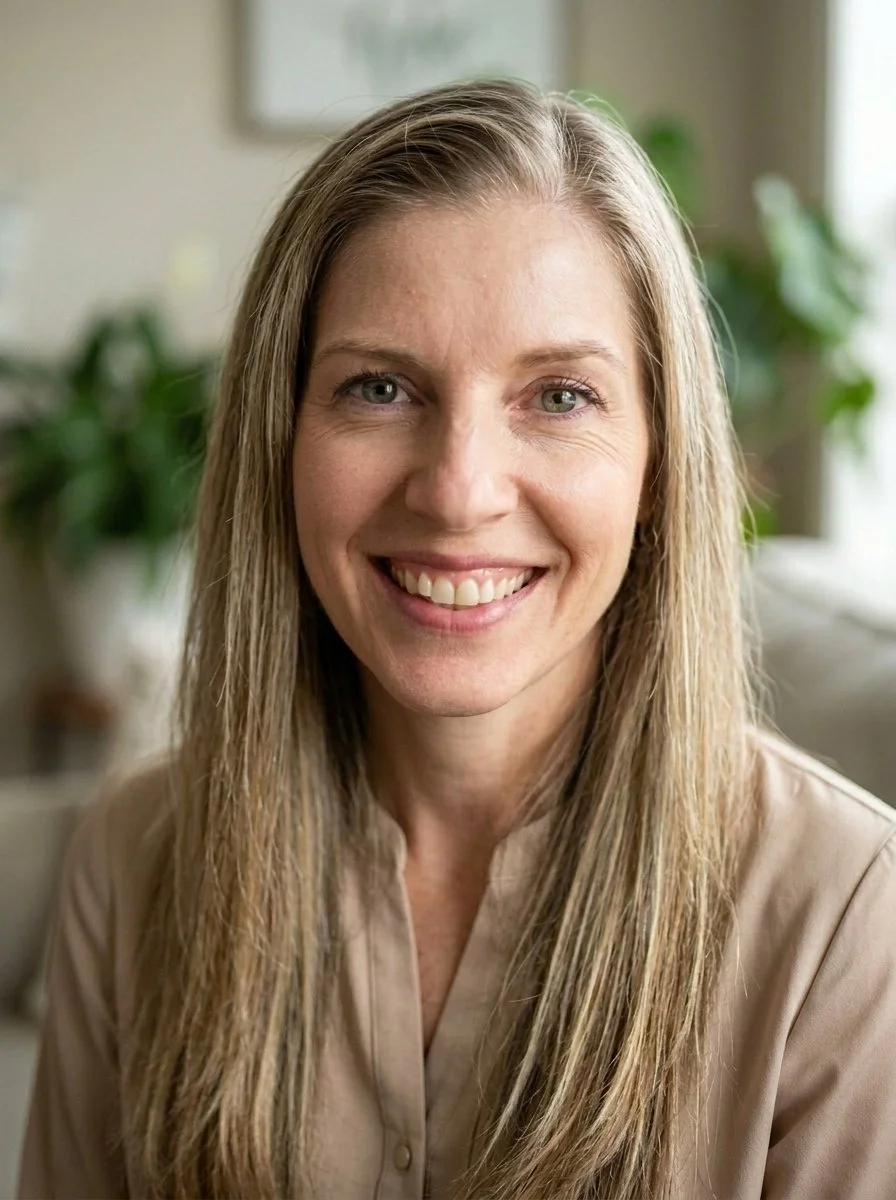 A woman with long blonde hair and green eyes smiling in a well-lit room with houseplants in the background.