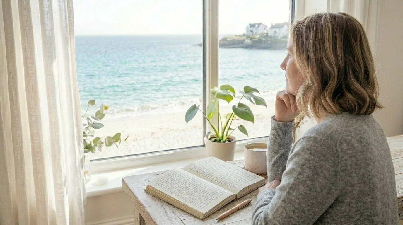 Forty year old woman relaxing at a table near a window overlooking the ocean, with an open book and a cup of coffee.