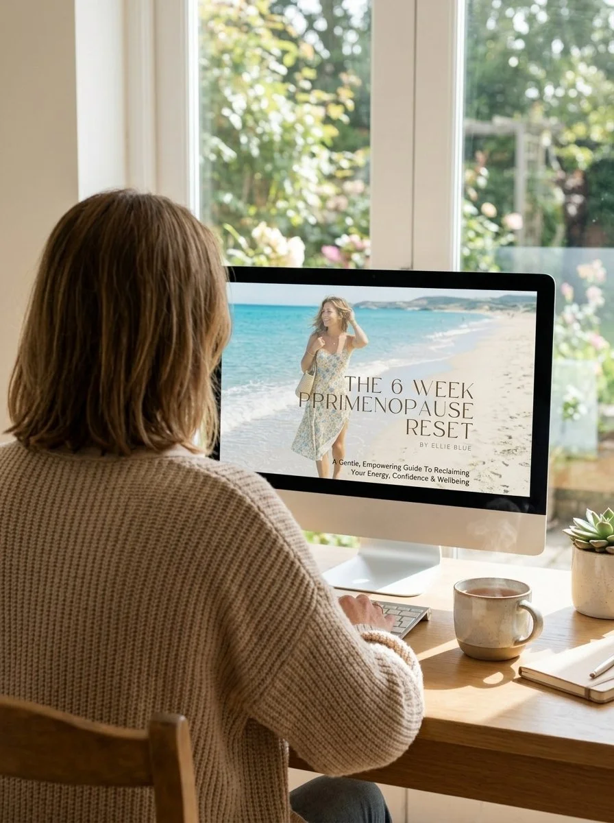 A woman sitting at a desk in front of a computer, looking at a webpage titled 'The 6 Week Premenopause Reset' by Ellie Blue, with mentions of reclaiming energy, confidence, and well-being, near a window with greenery outside.
