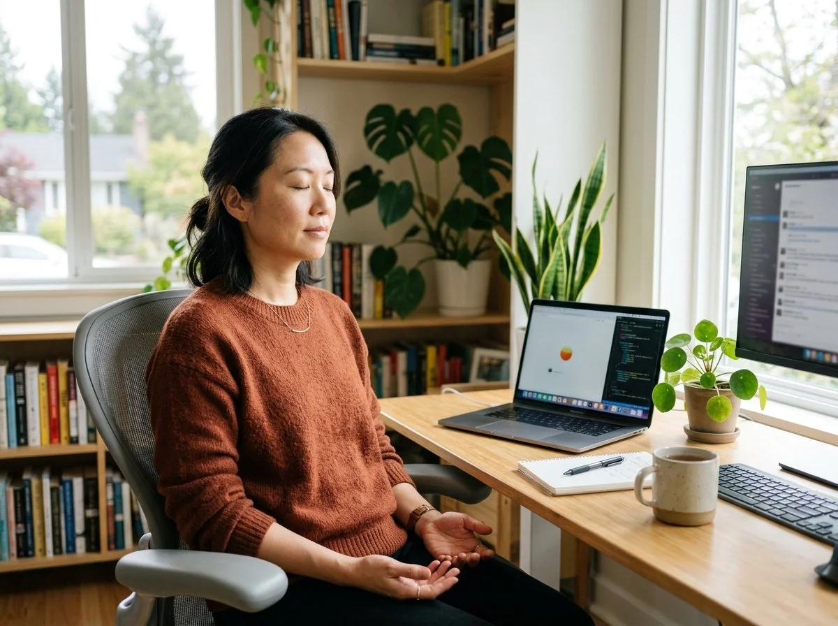 A 40 year old woman taking a moment in her office to calm her nervous system during the work day.