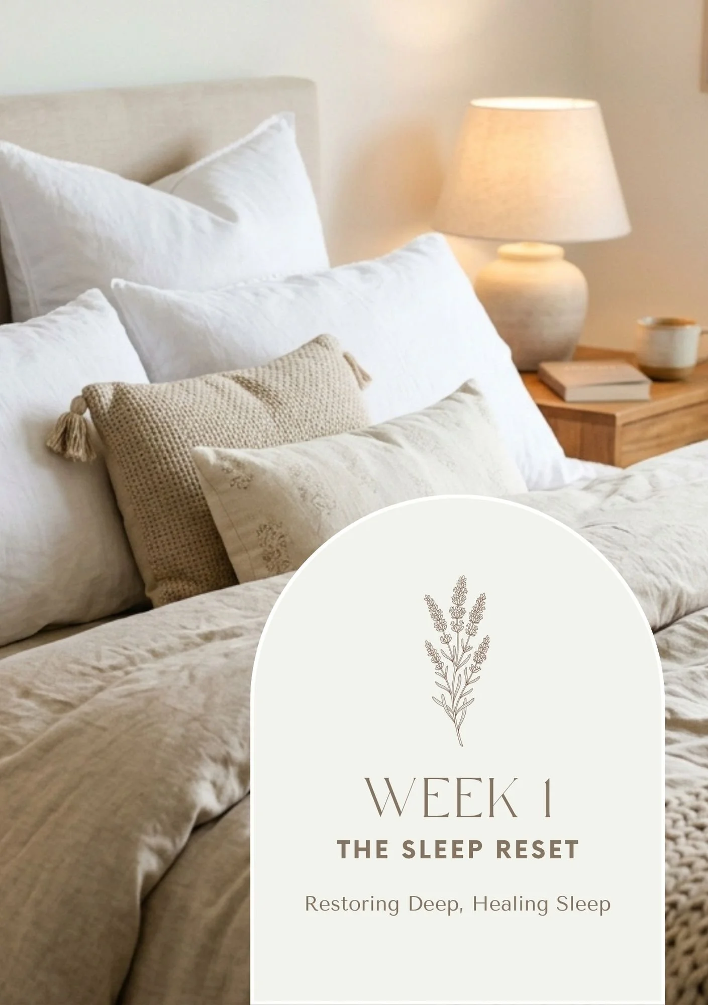 A cozy bedroom with a bed made up with white linens and pillows, a bedside table with a lamp, and a promotional card for a perimenopause sleep reset program titled 'Week 1: The Sleep Reset'.