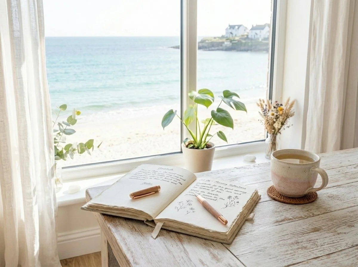Open notebook with handwritten notes and botanical drawings, a rose gold pen resting on the pages, a ceramic mug filled with a beverage on a coaster, and a potted plant on a rustic wooden table near a window overlooking the beach and ocean with neighboring houses in the background.