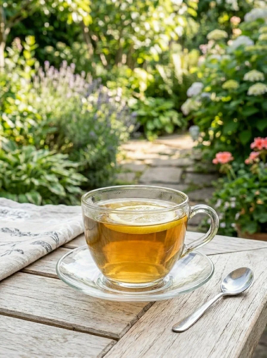 A glass cup of tea with a lemon slice on a wooden table outdoors with green foliage and flowering plants in the background.