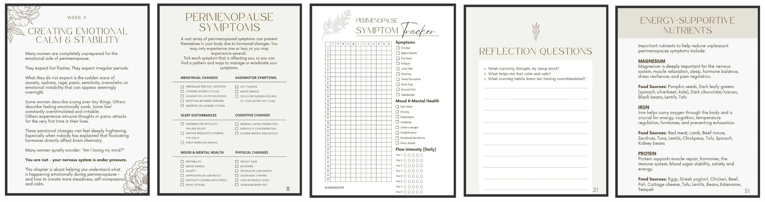 Pages from 'The 6 Week Perimenopause Reset' by Ellie Blue discussing menopause, including creating emotional calm and stability, symptoms, reflection questions, and nutrition.