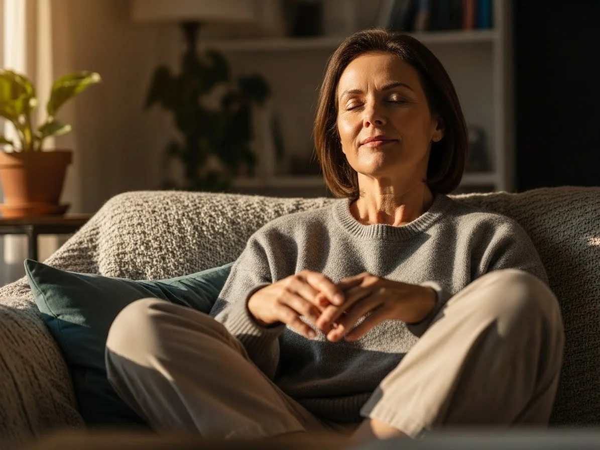 A woman sitting on a sofa with her eyes closed, smiling gently, in a cozy, warmly lit room.