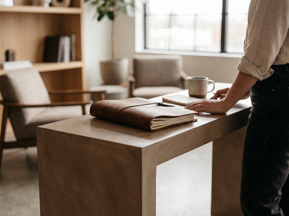 Persona apoyada en mesa con cuaderno, taza y libro en oficina con luz natural y muebles de madera.